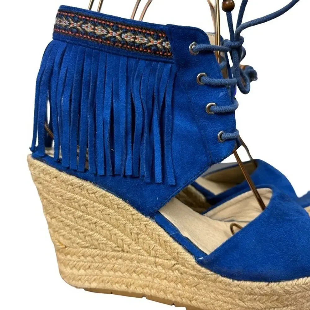 Miim Opava Blue Suede Leather Wedge Espadrille Fringe Sandals Shoes Platform 8